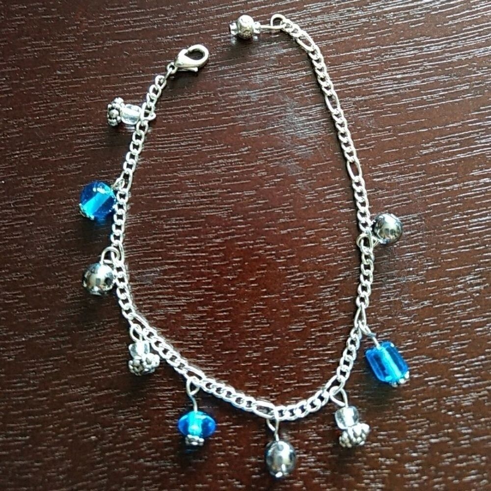 **Sale** Handmade Silver Tone Blue Bead Bracelet Fits Up To 8"